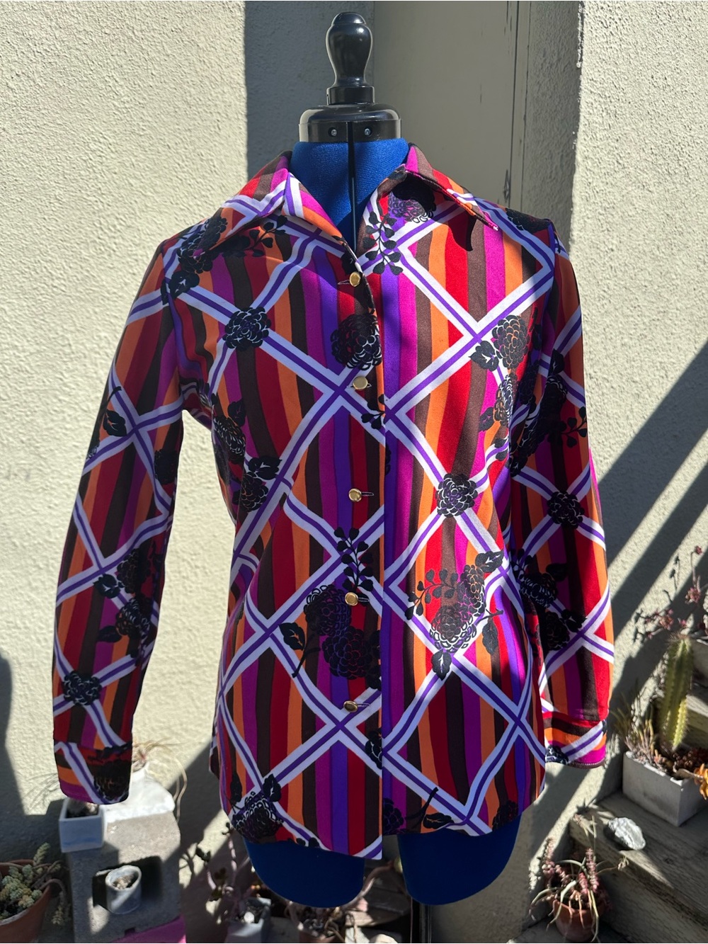Bold Geometric Stripe Button-Down Shirt — Red & Purple